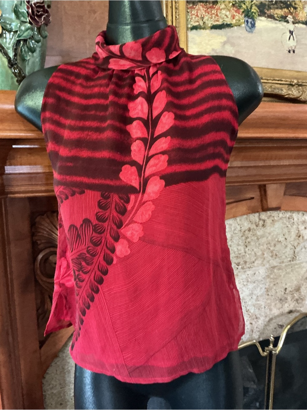 Red Printed Sleeveless Mock Neck Silk Top